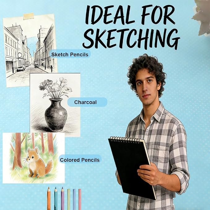 King Mills Big Sketchbook, Hard Cover Sketch Book, A3 Notebook, 11.7"x16.5" | 160GSM Extra Thick Paper, Spiral Bound, For Painting & Mixed Media, Art Book, 40 Sheets/ 80 Pages