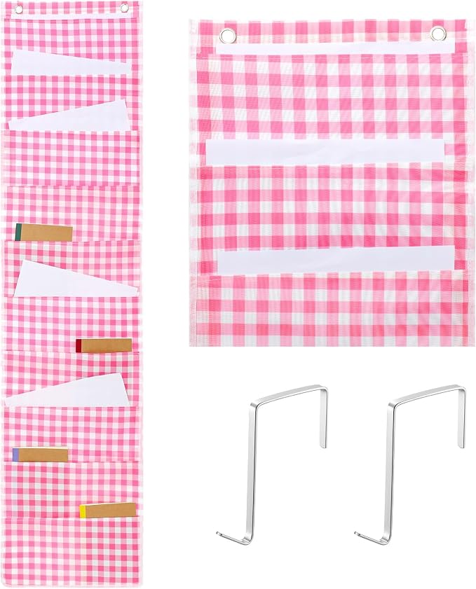 Motimind Pink Plaid 10 Pockets Wall Hanging File Folders File Storage Pocket Chart for Classroom Hanging Wall Organizer with 2 Over The Door Hangers, 58" x 14" for School Classroom Office Home