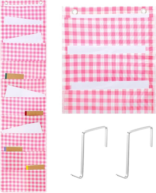 Motimind Pink Plaid 10 Pockets Wall Hanging File Folders File Storage Pocket Chart for Classroom Hanging Wall Organizer with 2 Over The Door Hangers, 58" x 14" for School Classroom Office Home
