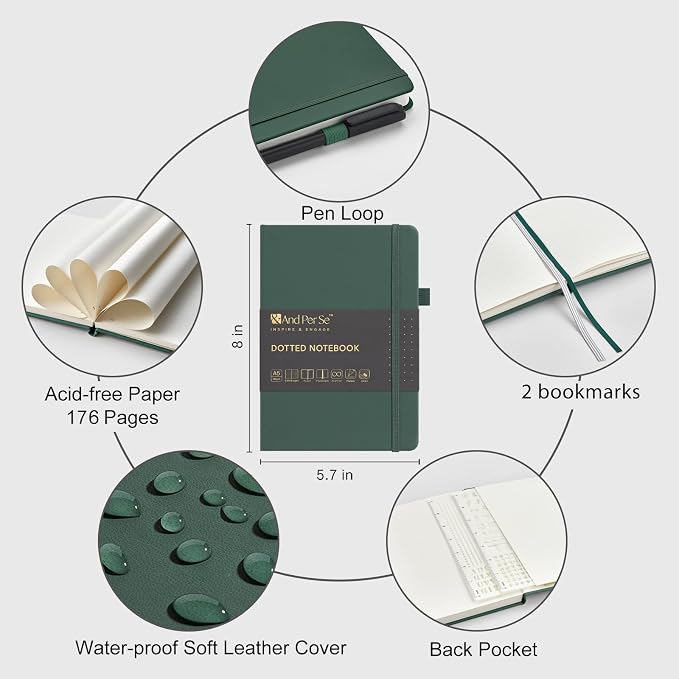 &And Per Se Dotted Notebook, A5 Hardcover with Journal Dotted Pages, Journal Stencils & Pen, 176 Numbered Pages for Beginners Women Men (Green)