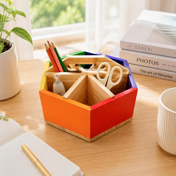 RattanView Rainbow Rotating Pen Holder, 360° Spinning Art Supply Organizer | Spinning Pencil Holder, Pen and Marker Organizer, Crayon Caddy, Desk Organizer for Classroom, Office and Daily Use