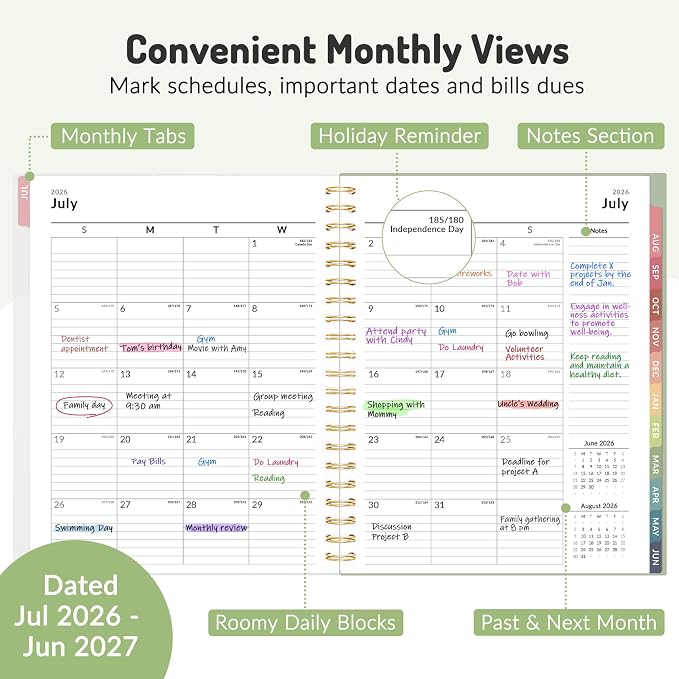 Forvencer Planner 2026-2027, July 2026 - June 2027, 8.5" x 11" Academic Year Monthly and Weekly Calendar Planner with Spiral Bound, Month Tabs, Flexible Cover for School Office (A4, Green)