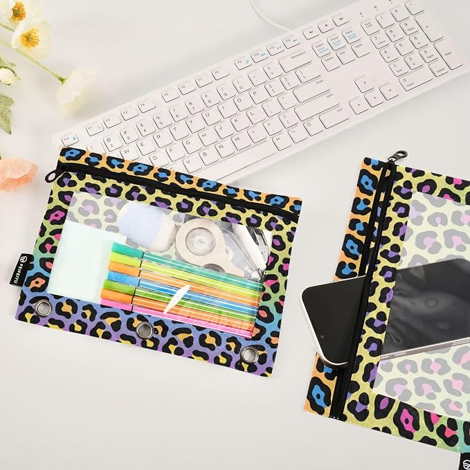 ALAZA Pencil Pouch for 3 Ring Binder, Leopard Print Rainbow Binder Pencil Pouches with Clear Window Zipper Pencil Case Cosmetic Bags for Office College Supplies, 2PCS