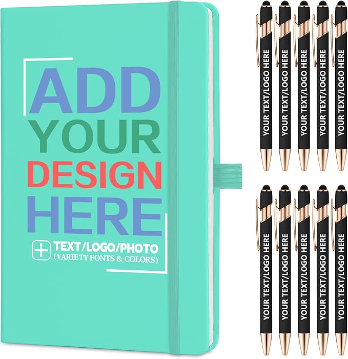 ENOMY Personalized Notebook Journal & 10 PC Pens Gift Set Custom Notebook A5 200 Pages A5 Lined Journal for Men Women Hardcover Notebooks for Work College Graduation Gifts, Lake Blue