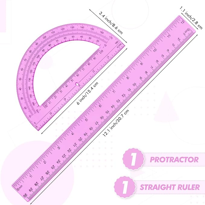 Zonon 2 Pcs 12 Inch Clear Ruler and 6 Inch Plastic Protractor Set, Dual Scale Inch/Cm Math Geometry Measuring Tools for Back to School Students Teachers Classroom Office Drafting Use(Pink)