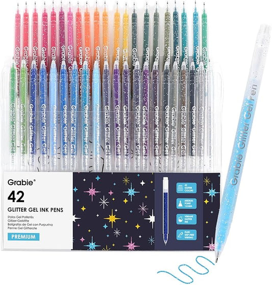 Grabie Set of 42 Glitter Gel Pens Set, Silver Sparkle Ink, 1.0mm Fine Tip Gel Pens for Adult Coloring Books, Journaling, Drawing, Scrapbooking, Smooth Writing Art Supplies