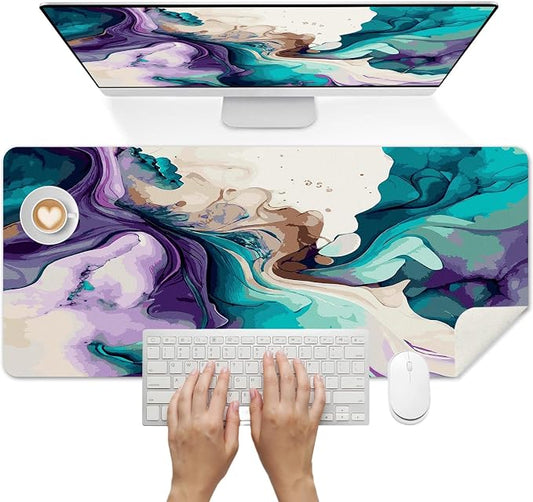 Britimes Teal and Purple Liquid Marble Desk Mat Colorful Deak Pad Non-Slip PU Leather Large Keyboard Mouse Pad Office Desktop Accessories for Office,Work,Home Decor(31.5"X15.7")