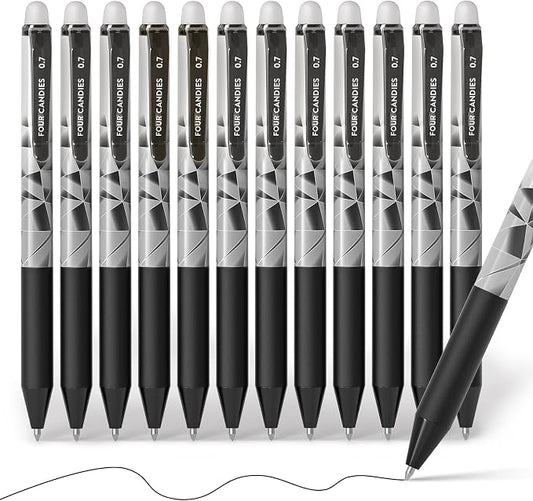Four Candies Retractable Black Erasable Gel Pen, Fine Point, 0.7mm, 12 Pack | Make Mistakes Disappear, Erasable Pens Black for Drawing, Writing, Planners & Crossword Puzzles