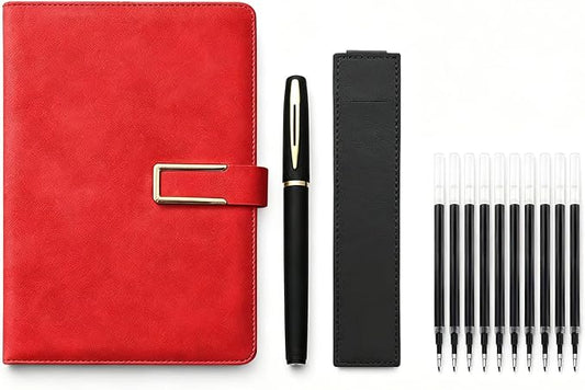 CRME A5 Writing Journal Set,Lined Hardcover Notebook with Secure Clasp and Extra Refills for Work Travel Meetings and Journaling,Red