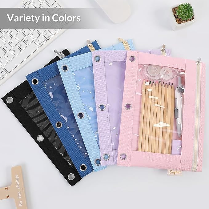SKYDUE Pencil Pouch for 3 Ring Binder, Zipper Pencil Pouches for Girls Boys, Clear Window Pencil Bag, 3 Ring Pencil Pouch Case for Binder, Durable Organizer for School Supplies