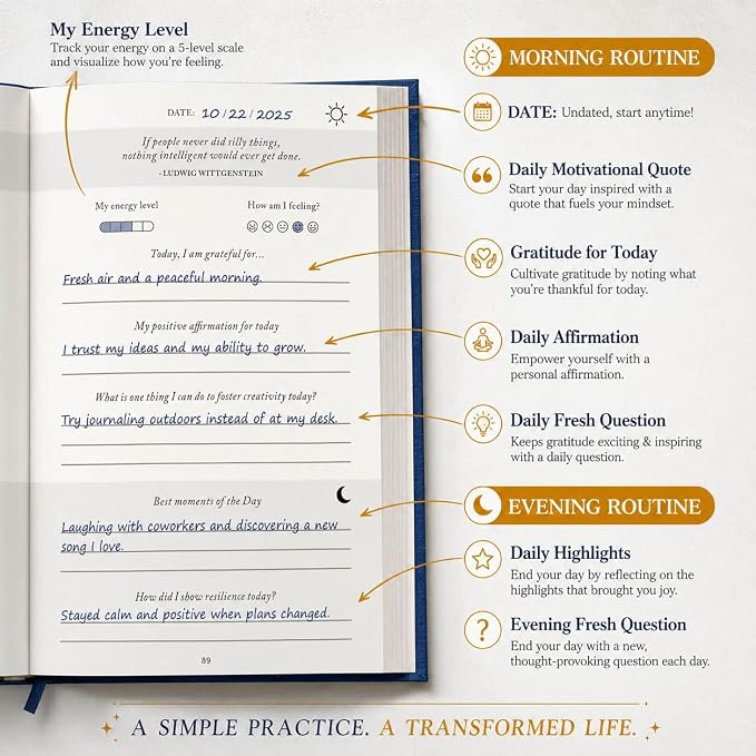 The Daily Gratitude Journal 2026 – Guided Gratitude Practice for Women & Men, 2 Fresh Prompts Every Day, Mindfulness, Happiness & Daily Reflection, Undated Affirmation Journal with Gift Box