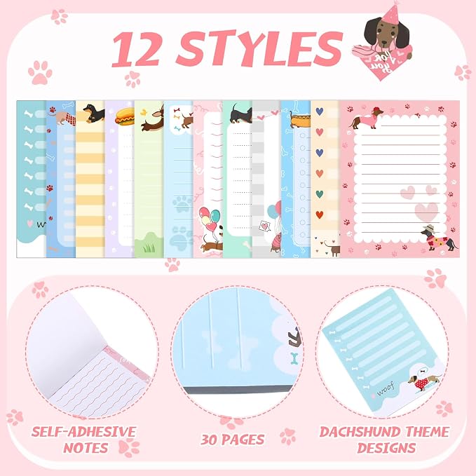 Chiisong 12 Pieces Dachshund Sticky Notes Dachshund Gifts 3x4 Inch Cute Cartoon Dog Self Stick Notepads Puppy Lover Gifts Dog to Do List Cute Memo Pads for Home Office Supplies