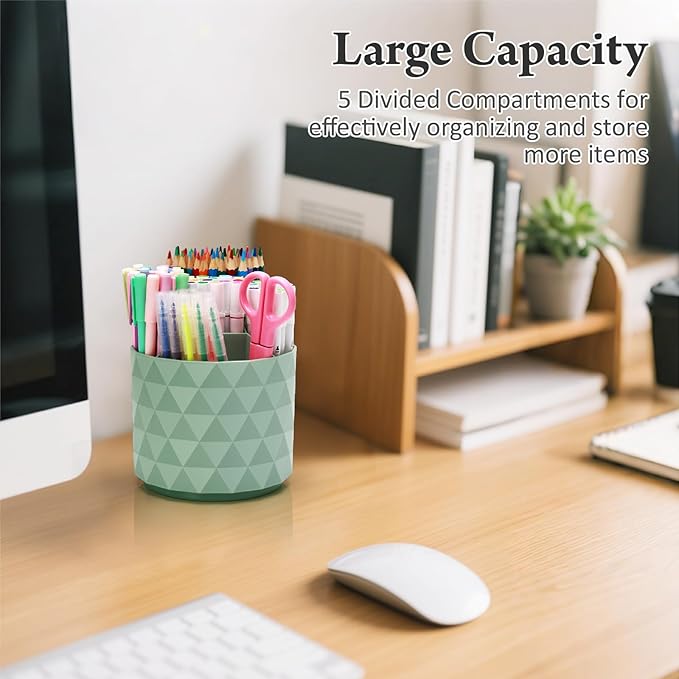 Cute Pencil Holders For Desk,360-Degree Rotating Pen Holders For Home Office,Diamond-like Pen Organizer With 5 Compartments,Stylish Desk Accessories For Office,School ,Home ,Art Supply (Green)