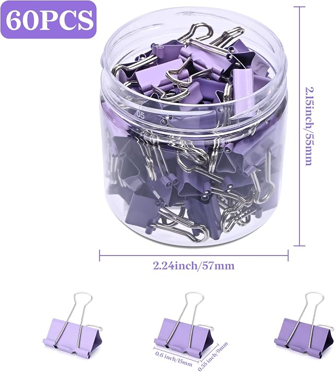 Temiary Aesthetic Binder Clips, Mini Metal Binder Clip with Clear Storage Container, Binding Paperwork Clamps for School Teachers Office Supplies (Purple 0.6 Inch, 60P)