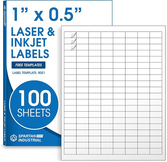 1" X 0.5" Matte White Printable Barcode Labels (100 Sheets, 16000 Stickers) | UPC Labels and Price Tags for Laser & Inkjet Printers - Spartan Industrial Template R001