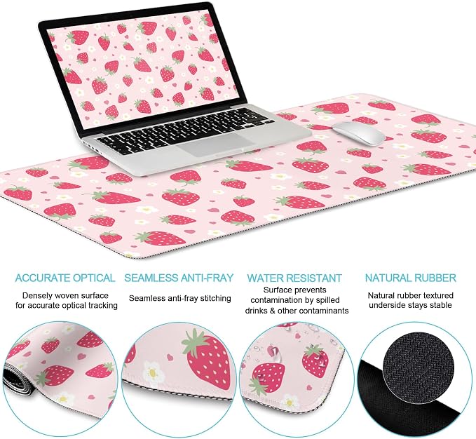 LIMKRIAN Strawberry Mouse Pad Large Desk Mat Set, Pink Ergonomic Mouse Pad | Wrist Rest for Computer Keyboard, Memory Foam Wrist Support, Coaster, Desk Pad, Cute Office Desk Decor Accessories Supplies