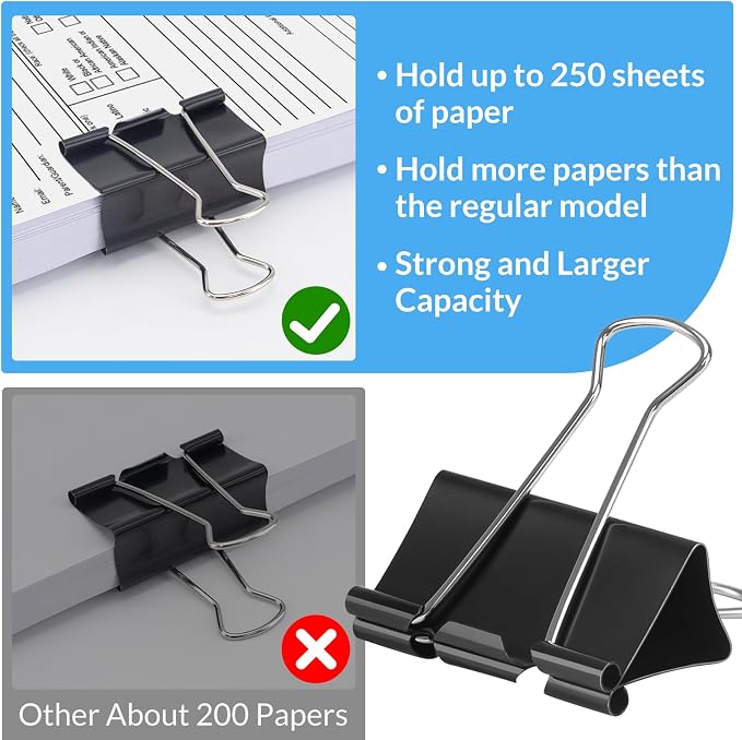 OWLKELA 24 Pack Binder Clips, 2 Inch, Black | Extra Jumbo Size, Large Paper Clamps,Ideal for Home, School and Office Supplies