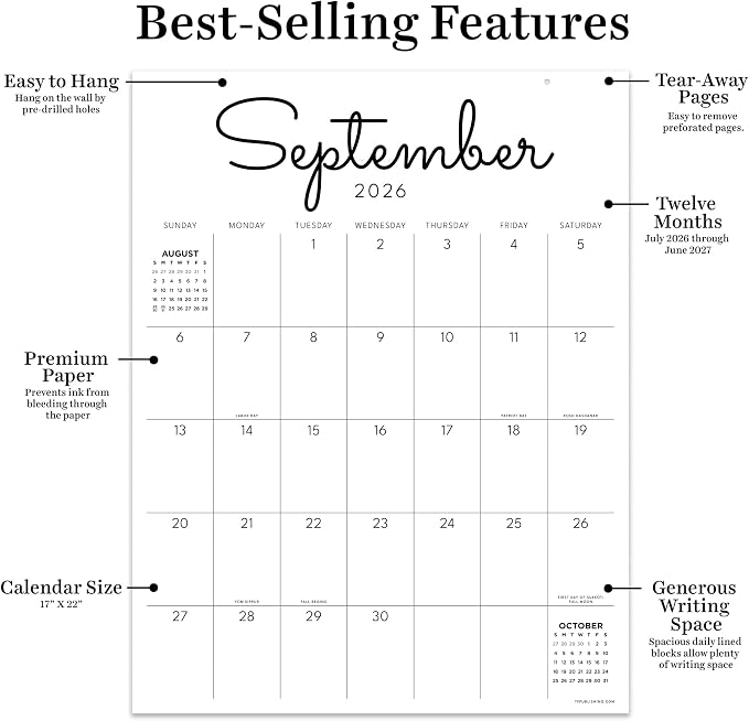 TF Publishing July 2026 - June 2027 Large Art Poster Wall Calendar with Premium Paper Tear-Off Sheets - 12 Month Academic Year Desk or Hanging Office Calendar for Schedules - 17 in x 22 in