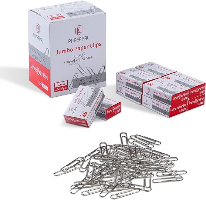 PAPERPAL Paperclips for Office School & Personal Use, Jumbo Smooth Paper Clip (2"), 1000 Large Paper Clips (10 Boxes of 100 Each), Silver | Value bulk pack of 1,000 large paper clips for offices, schools and businesses, packed in 10 boxes of 100 each.