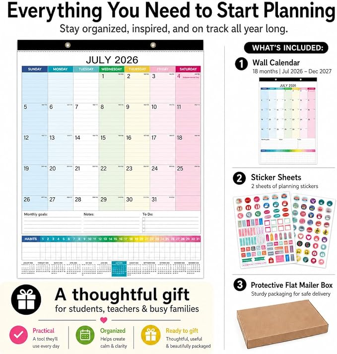 Large Wall Calendar 2026-2027, 18-Month Wall Calendar from July 2026 to December 2027, 15" x 22" 2026 Wall Calendar with Spacious Blocks, Julian Dates, Habit Tracker & Full-Year Reference for Home Office School Colorful