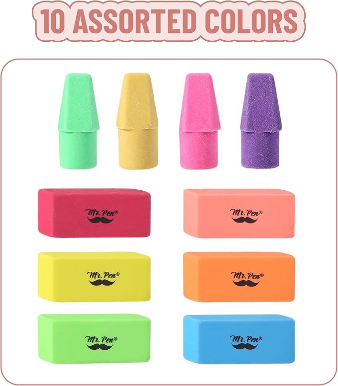 Mr. Pen- School Eraser Combination Set, 66 Pack, Neon Colors | Latex Free Erasers for School, Office, Art Sketching, Homework, Exams, Clean Smudge-Free Correction
