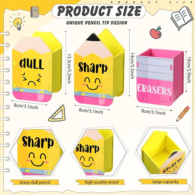 DoubleFill 3 Pcs Sharp and Dull Pencil Holder Eraser Buckets Wooden Shaped Dispenser for Back to School Teachers Classroom Management(Yellow Face)