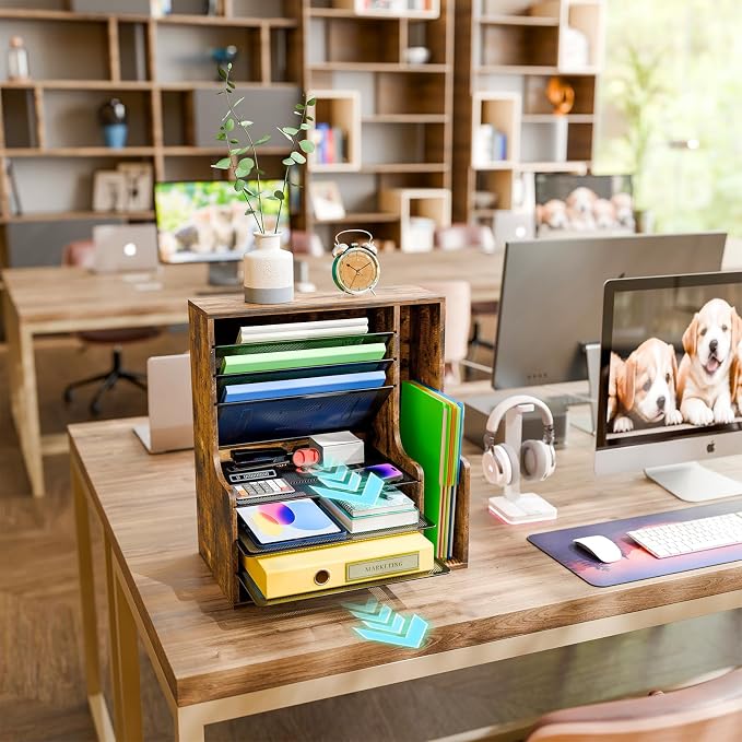 Simple Trending Wooden Desk Organizer, 7- Tier File Organizer, Adjustable Letter Tray Paper Organizer with File Holder for Office Supplies, Rustic Brown