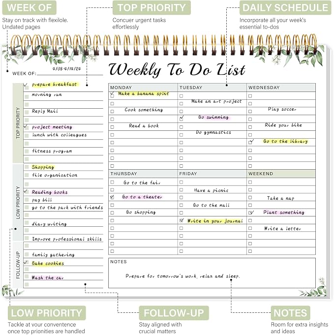 Weekly To Do List Pad with 52 Undated Sheets（8.5"×11"）- Weekly Desk Notepad with Spiral Binding for Women & Man, Office, School and Home Personal Organizer