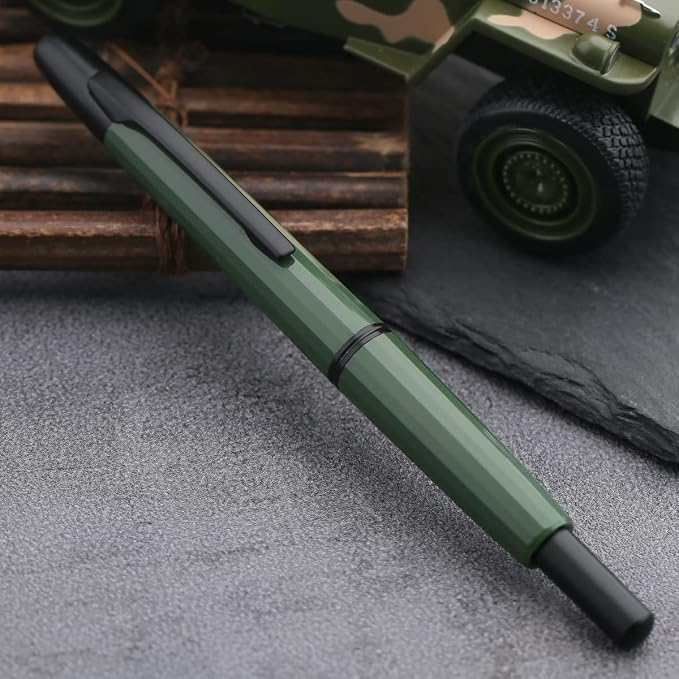 erofa Majohn A2 Press Fountain Pen Extra Fine Nib with Box, Retractable Green Resin Ink Pen with Converter Writing Set (Black Clip Version