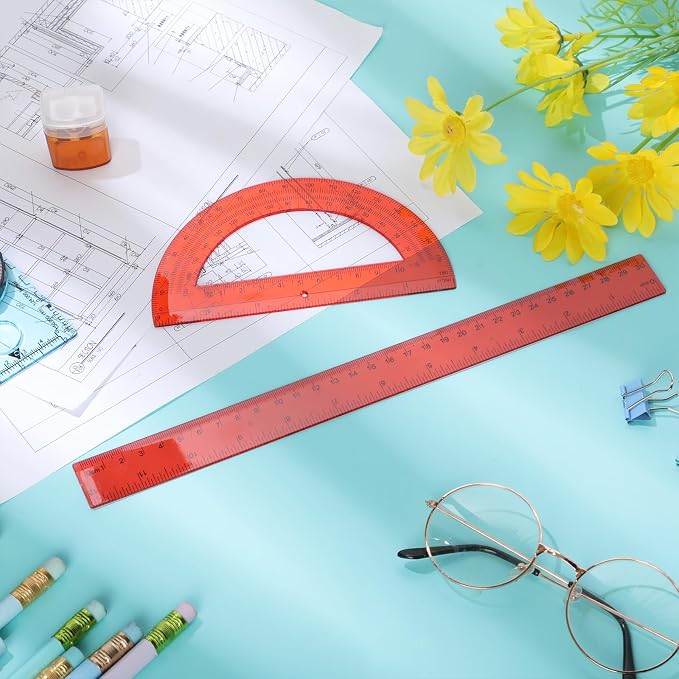 Zonon 2 Pcs 12 Inch Clear Ruler and 6 Inch Plastic Protractor Set, Dual Scale Inch/Cm Math Geometry Measuring Tools for Back to School Students Teachers Classroom Office Drafting Use(Red)