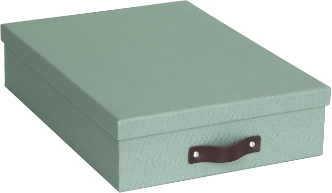 Bigso Oskar Canvas Fiberboard Document Letter Box for Important Paperwork A4 or Letter Size - Durable Keepsake Box with Lid and Leather Handle - 3.3in x 10.2in x 13.8in - Soft Teal