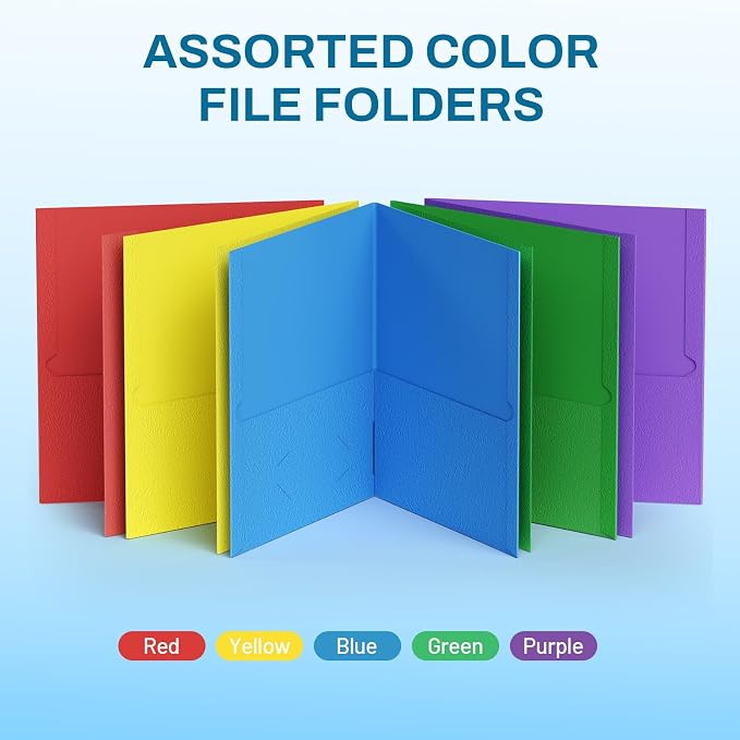 SUNEE Two Pocket Folders, 50 Pack File Folders with Business Card Slot, Assorted Colors, Textured Paper, Fit Letter Size Paper, Paper File Folder for School Office Home Business