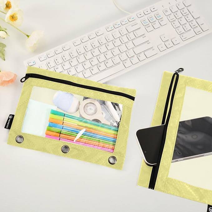Gredecor Binder Pencil Pouch 3 Ring Khaki Zipper Pencil Pouches Case 2 Pack Clear Binder Organizer for School Office
