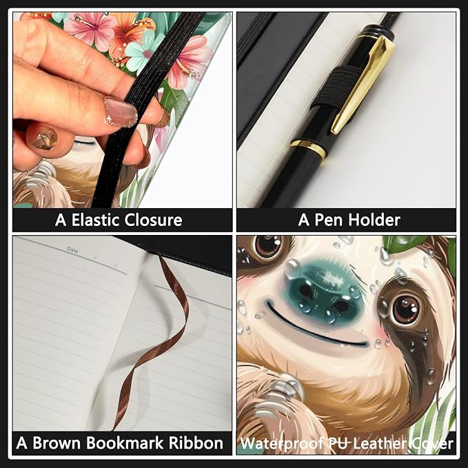 A5 Leather Lined Journal Notebook, 200 Pages Hardcover Executive Notebook for Men Women Office School Note Taking, Thick Writing Paper Daily Journal with Bookmarks/Indexes,Watercolor Sloth