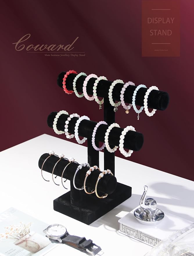 Coward 3 Tier Bracelet Holder Jewelry Display Stand, Necklace Display Holder, Watch Hair Ties Stand, Hairband Jewelry Organizer for Home or Store Show (Black Velvet)