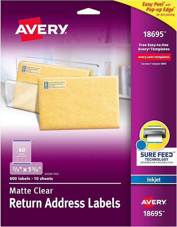 Avery Printable Return Address Labels with Sure Feed, 2/3" x 1-3/4", Matte Clear, 600 Blank Mailing Labels (18695) (Pack of 5)