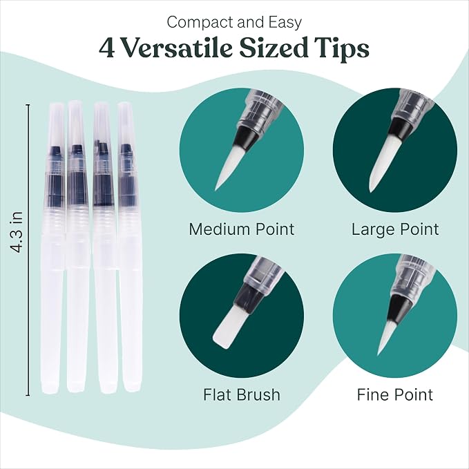 Original Tobios Watercolor Brush Pens Set – 4 Refillable Water Pens for Artists, Adults & Beginners, Leakproof Brush Tips for Blending, Calligraphy & Adult Coloring, Portable Paint Brush Set, Art Gift
