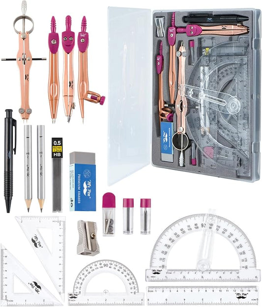 Mr. Pen- Geometry Set, 15 pcs, Rose Gold & Pink | 6 Inch Swing Arm Protractor, Divider, Set Squares, Ruler, Compasses and Protractor