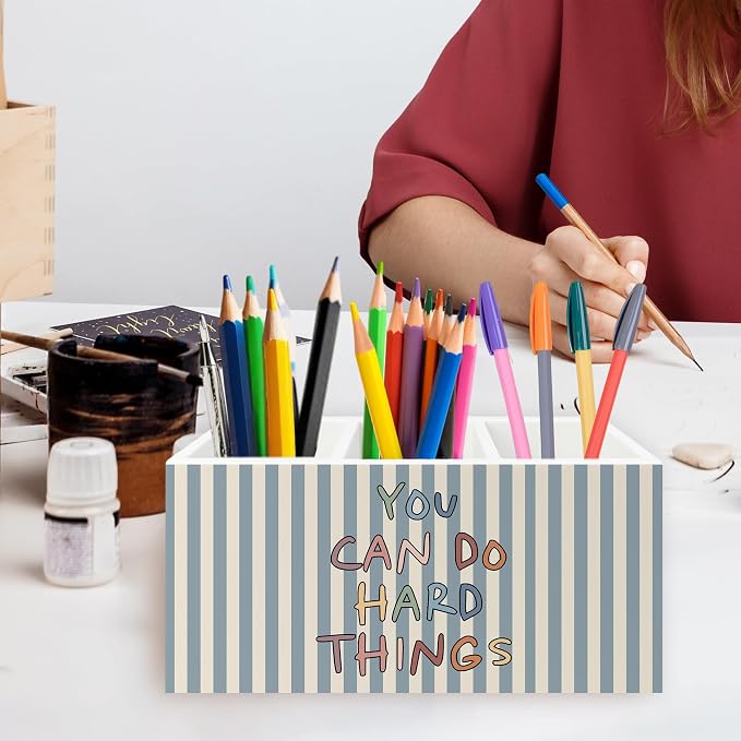 Boho Classroom Inspirational Pen Pencil Holder Organizer for Desk, You Can Do Hard Things Motivational Wooden Box Signs Decorations for Home Office Desk Tabletop, Inspirational Gifts for Women