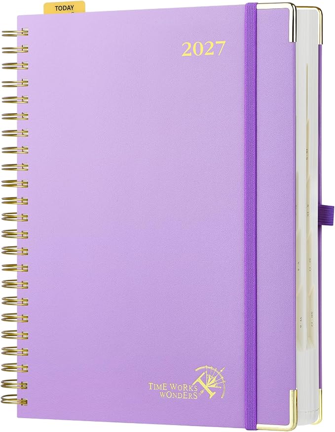 POPRUN 2027 Daily Planner One Page Per Day, Large 8.5" x 12", Calendar Book from Jan 2027 - Dec 2027, Hardcover Appointment Book with Hourly Time Slots, Spiral Bound, Monthly Tabs - Violet