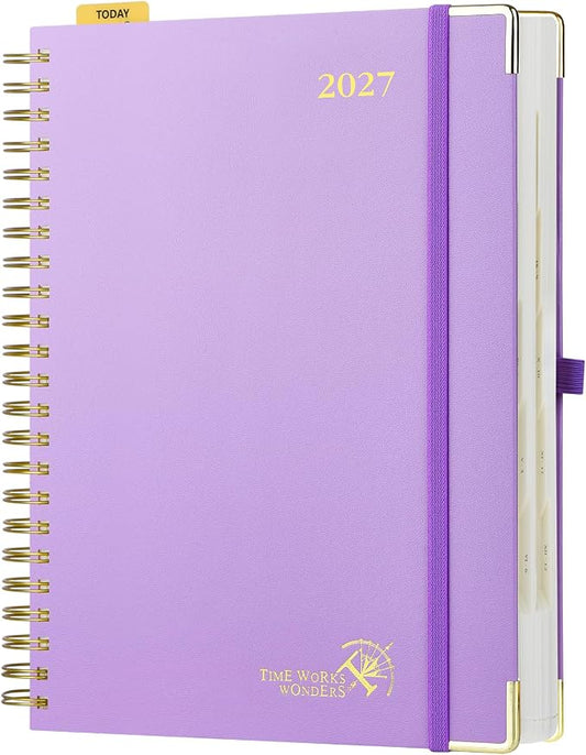 POPRUN 2027 Daily Planner One Page Per Day, Large 8.5" x 12", Calendar Book from Jan 2027 - Dec 2027, Hardcover Appointment Book with Hourly Time Slots, Spiral Bound, Monthly Tabs - Violet