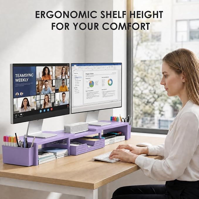 OPNICE Desk Organizers and Accessories, Dual Computer Monitor Stand Riser with Drawer and 2 Pen Holders, Office Desk Accessories, Workspace Desktop Organization for Office Supplies (Purple Metal )