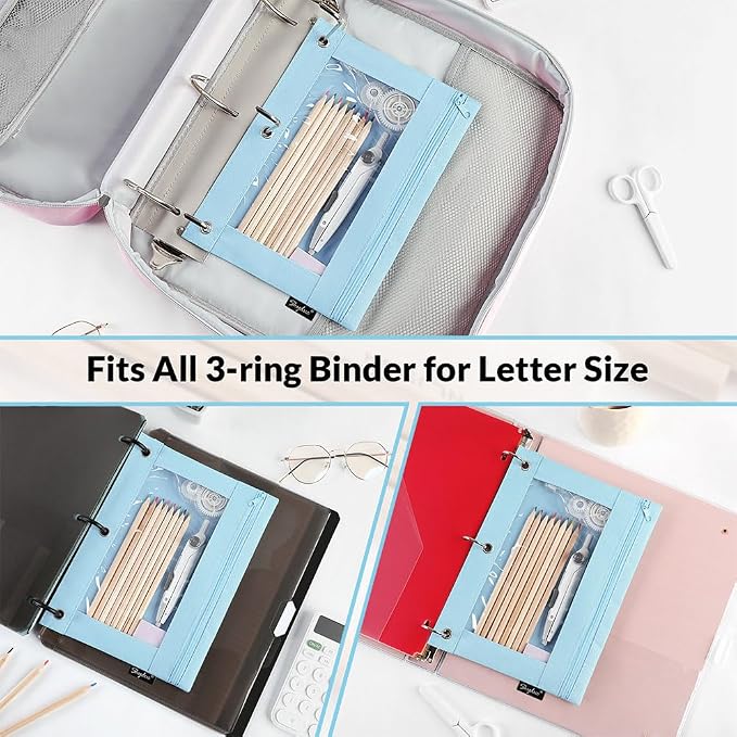 3 Ring Pencil Pouch for Binder, Zipper Pencil Case with Clear Window, Durable Binder Pencil Pouch for School Supplies, Fits Standard 3 Ring Binders, Organizer for Students, Teachers & Office Use