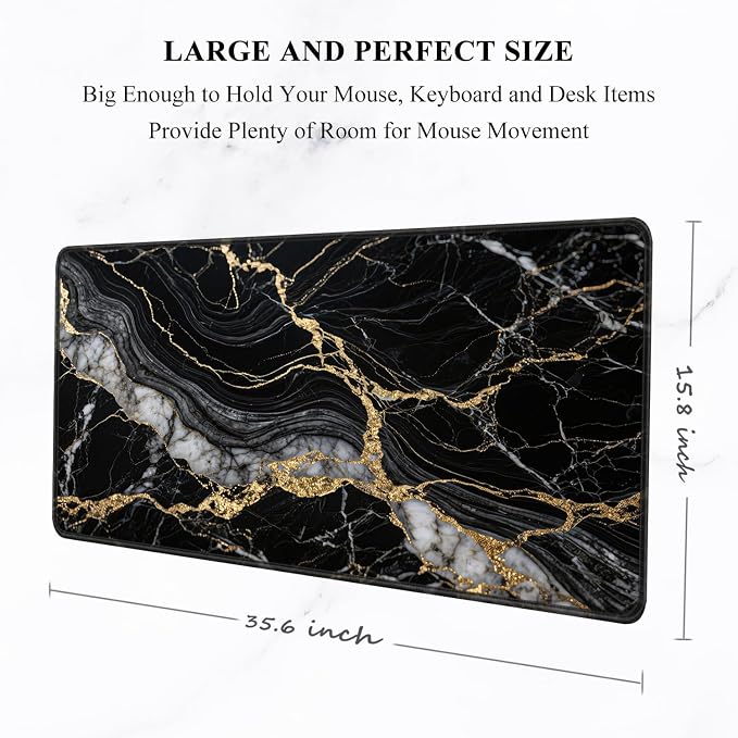 Auhoahsil Desk Mat, Ultra Large Mouse Pad, XXL Gaming Mousepad, Pretty Desk Pad, Big Extended Full Size Desktop Desk Matt for Keyboard, Laptop & Computer, 35.5 x 15.7 in, Black Marble
