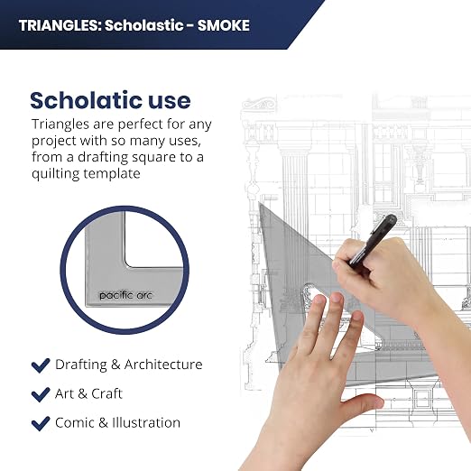 Pacific Arc's Scholastic Triangle - 12 inch - Smoke - 30/60 Angle - Polystyrene - Inking Edge - Technical Drawing Tools, Drafting, Architect and Engineering.