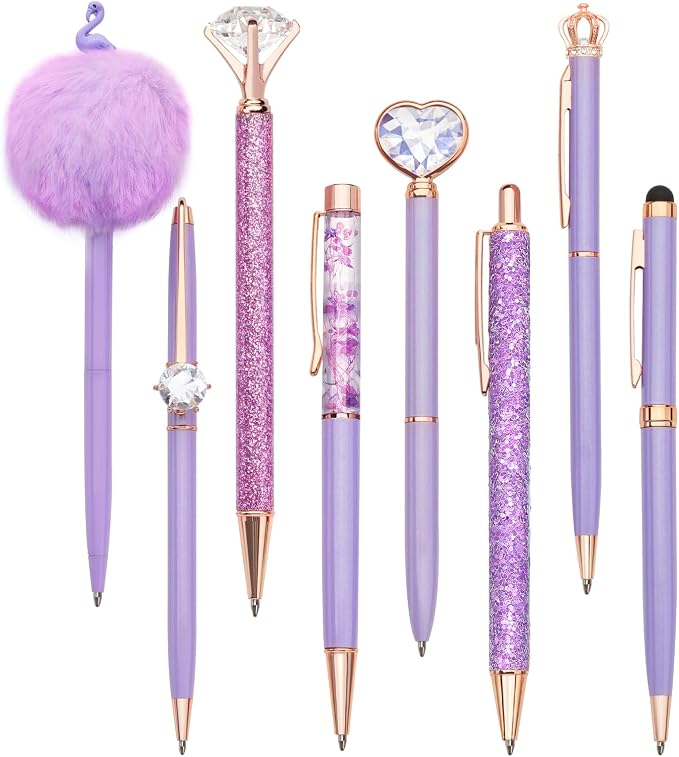 WEMATE 8Pcs Purple Pens, Metal Crystal Diamond Pens with Black & Blue Ink | Fancy Pens for Journaling, Office & Gift Supplies for Women Girls, Birthday and Back to School
