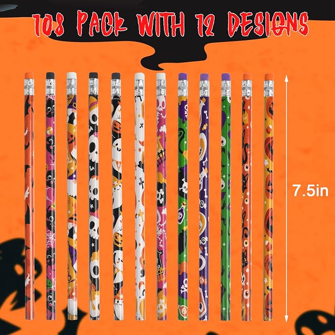 DIYASY 108 Pack Halloween Pencils for Kids, 12 Design Pencils Bulk with Erasers Assorted Colorful Fall Pencil Set for Halloween Goodies Gift Prize Party Favor Supplies