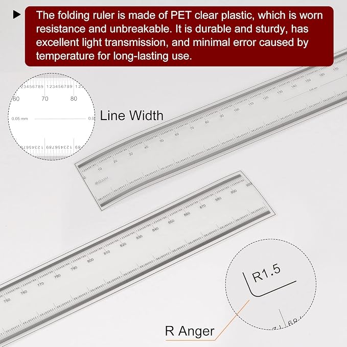 HARFINGTON Film Flexible Ruler 90cm 0.1mm Scale with R Angle & Width Lines PET Plastic Folding Straight Ruler Calibration Soft Ruler Measuring Tool for Factory, Transparent
