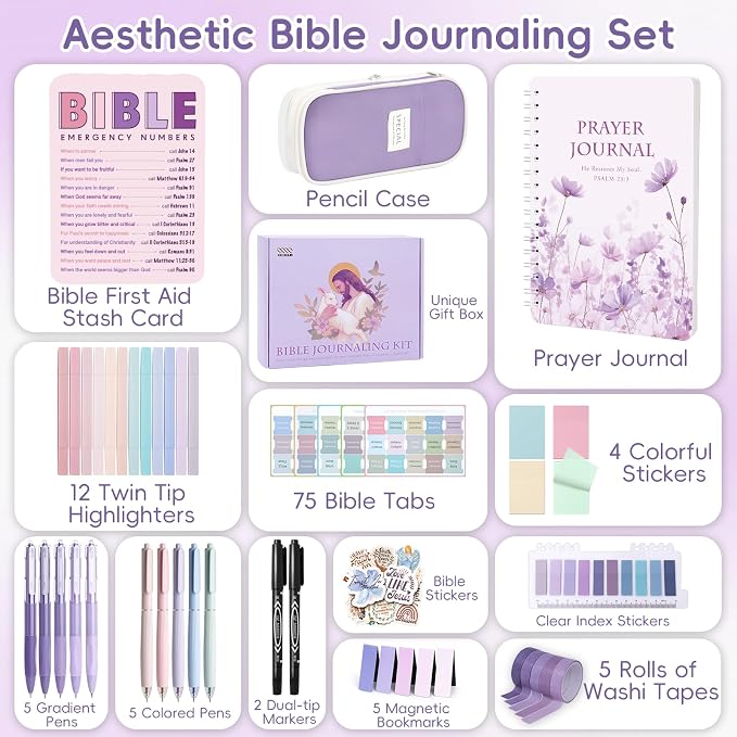 XKDOUS Bible Study Supplies Journaling Kit for Women, Bible Study Kit Journaling Supplies with Prayer Journal, Highlighters, Emergency Card, Pencil Case and More, Christian Gifts for Women, Purple