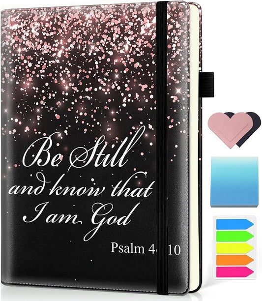 Hardcover Executive Notebooks, A5 PU Leather Lined Journal Notebook, 200 Pages Thick Paper Subject Notebooks for School,Work,Home Writing Business Notebook,Rose Gold Bible Verses Psalm 46-10